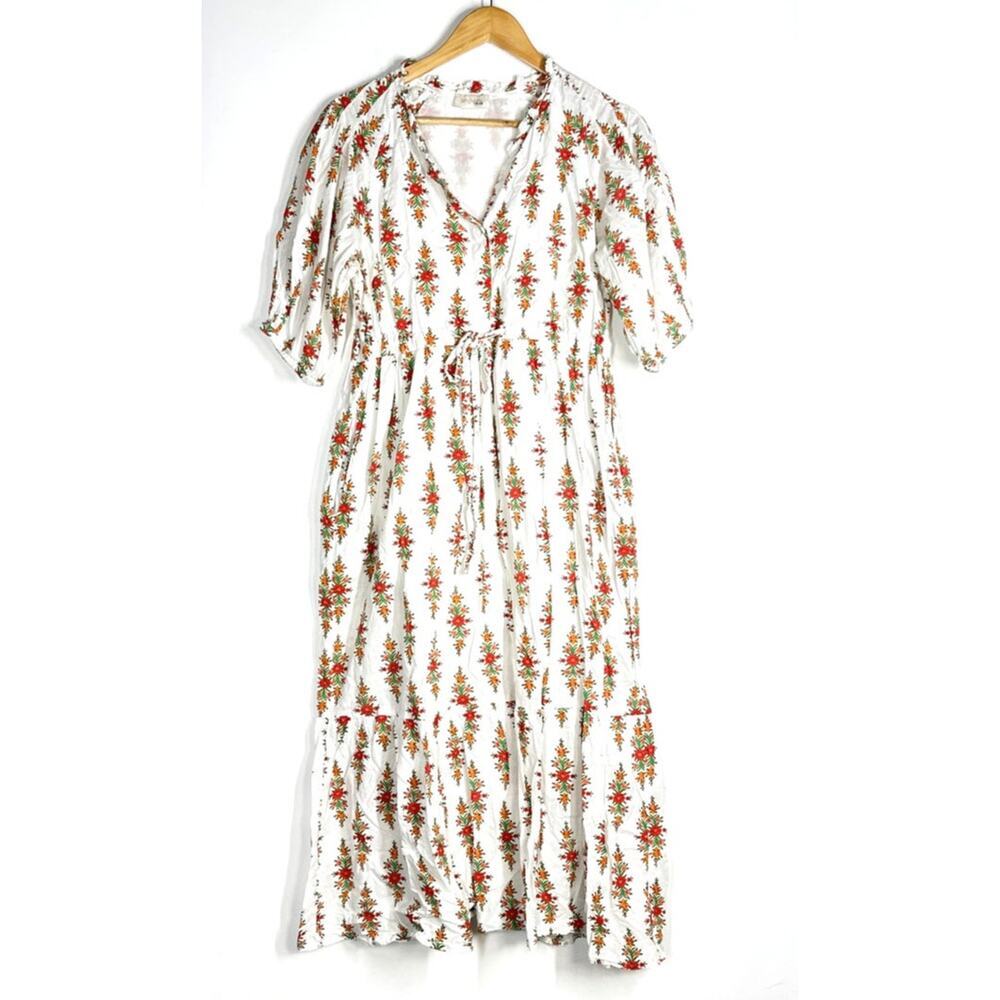 Banjanan Betty Dress Floral Raglan Sleeve Cinched Waist Tiered Maxi White Large - Picture 2 of 10